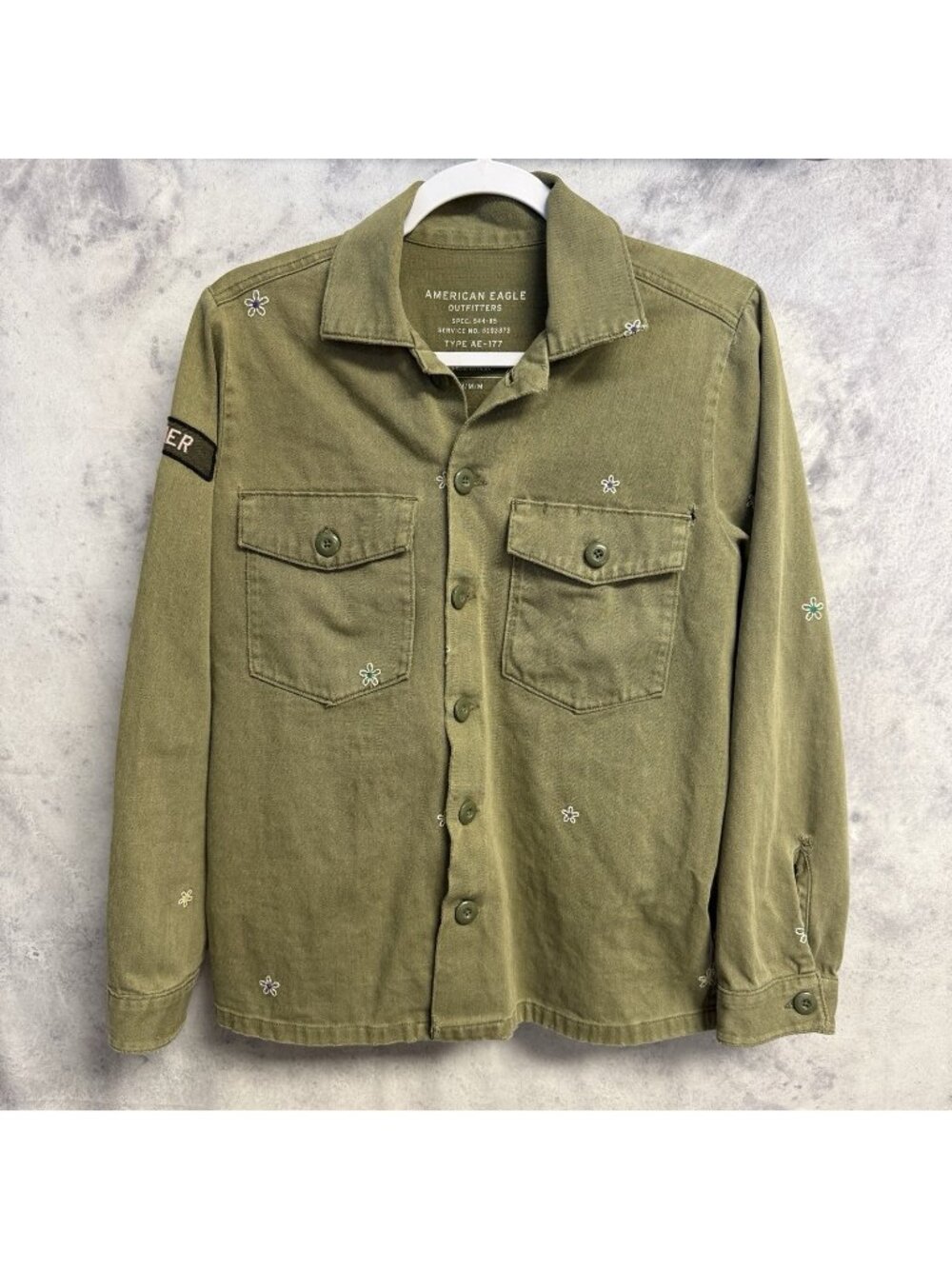 American Eagle Type AE-177 Utility Jacket Embroidered Flowers Military Medium